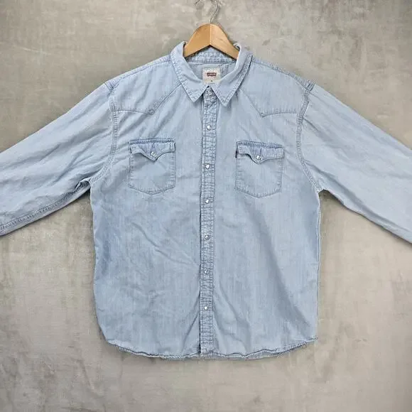 Levis Western Pearl Snap Denim Shirt Mens XXL Blue Cotton Long Sleeve Cowboy - Picture 2 of 12